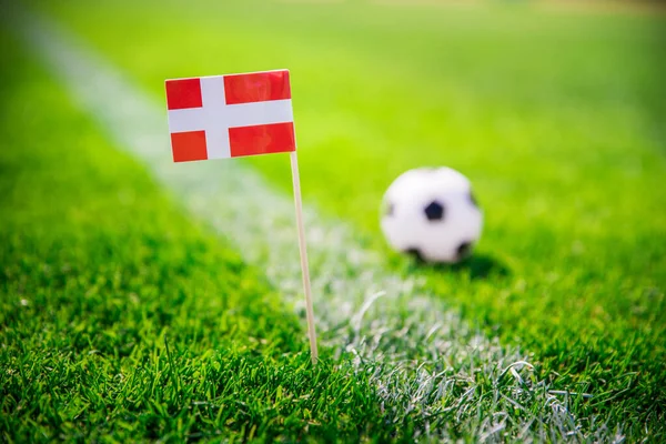 Dánia Nemzeti Zászló Futball Labda Zöld Füvön Rajongók Támogató Fotó — Stock Fotó