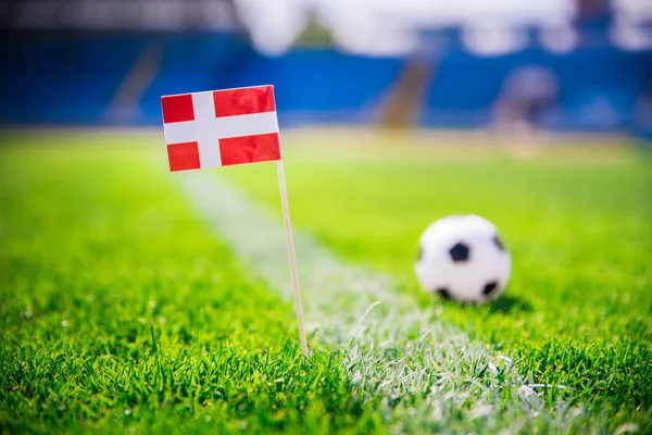Danimarka bayrağı ve futbol topu yeşil çimlerin üzerinde. Hayranlar, fotoğrafı destekleyin, alanı düzenleyin