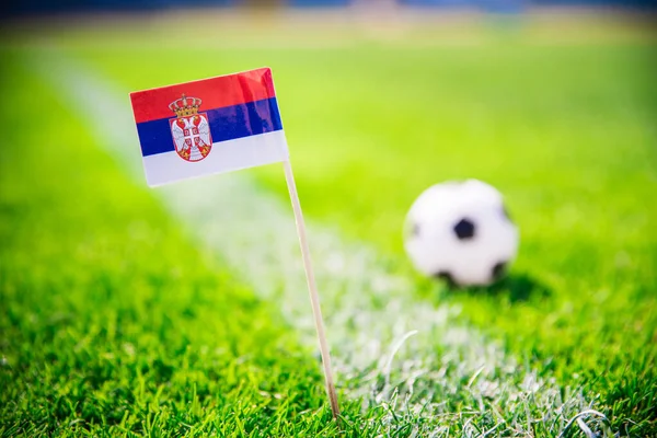 Государственный Флаг Сербии Футбольный Мяч Зеленой Траве Вентиляторы Поддержка Фото — стоковое фото