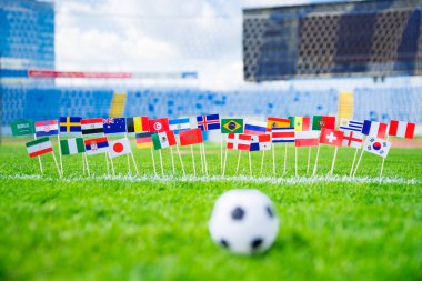 Yeşil çimlerin üzerindeki tüm futbol uluslarının bayrakları. Futbol topu, taraftarlar, destek fotoğrafı, düzenleme alanı