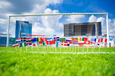 Yeşil çimlerin üzerindeki tüm futbol uluslarının bayrakları. Futbol topu, taraftarlar, destek fotoğrafı, düzenleme alanı