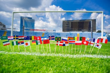 Tüm uluslar yeşil futbol çimlerinin üzerinde bayrak sallıyor. Arka planda futbol ağı ve mavi gökyüzü