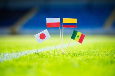 Polonya, Senegal, Columbia, Japonya ulusal bayrağı ve yeşil çimlerde futbol topu. Hayranlar, fotoğrafı destekleyin, alanı düzenleyin