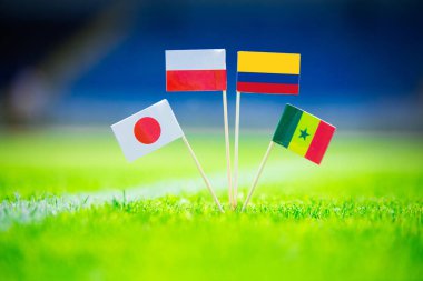 Polonya, Senegal, Columbia, Japonya ulusal bayrağı ve yeşil çimlerde futbol topu. Hayranlar, fotoğrafı destekleyin, alanı düzenleyin