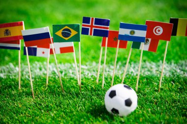 Yeşil çimlerin üzerindeki tüm futbol uluslarının bayrakları. Futbol topu, taraftarlar, destek fotoğrafı, düzenleme alanı
