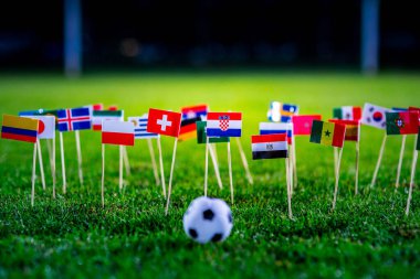 Yeşil çimlerde futbol topu ve Dünya Kupası 'nın tüm ulusal bayrakları