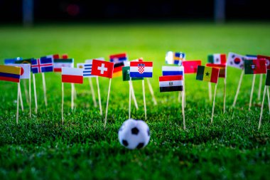Yeşil çimlerde futbol topu ve Dünya Kupası 'nın tüm ulusal bayrakları