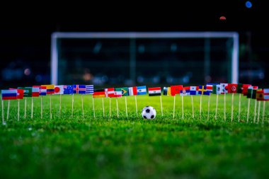 Yeşil çimlerde futbol topu ve Dünya Kupası 'nın tüm ulusal bayrakları