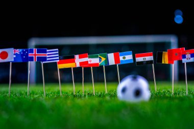 Yeşil çimlerde futbol topu ve Dünya Kupası 'nın tüm ulusal bayrakları
