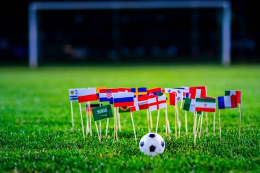 Yeşil çimlerde futbol topu ve Dünya Kupası 'nın tüm ulusal bayrakları