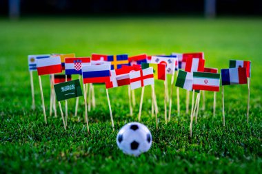 Yeşil çimlerde futbol topu ve Dünya Kupası 'nın tüm ulusal bayrakları