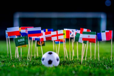 Yeşil çimlerde futbol topu ve Dünya Kupası 'nın tüm ulusal bayrakları