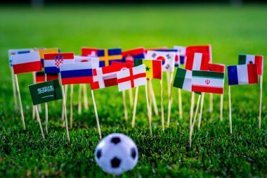 Yeşil çimlerde futbol topu ve Dünya Kupası 'nın tüm ulusal bayrakları
