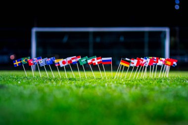 Yeşil çimlerde futbol topu ve Dünya Kupası 'nın tüm ulusal bayrakları