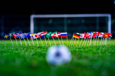 Yeşil çimlerde futbol topu ve Dünya Kupası 'nın tüm ulusal bayrakları