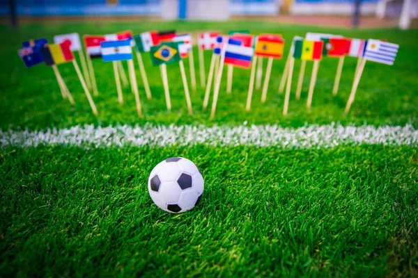 Flags All Football Nations Green Grass Football Ball Fans Support — Stock Photo, Image