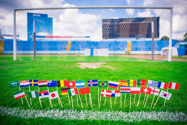 Wszystkie Narody Flagą Zielonej Trawie Piłki Nożnej Piłka Nożna Netto — Zdjęcie stockowe