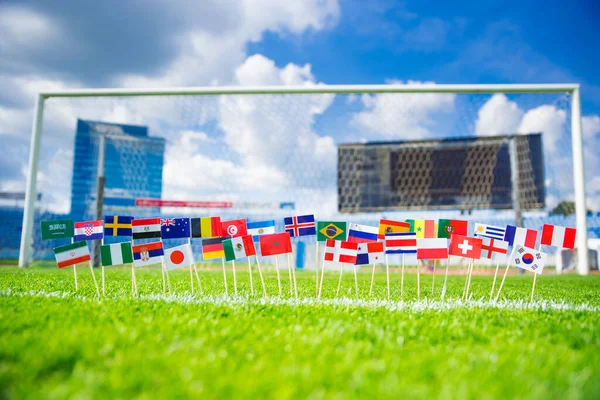 Todas Nações Bandeira Futebol Grama Verde Futebol Líquido Céu Azul — Fotografia de Stock
