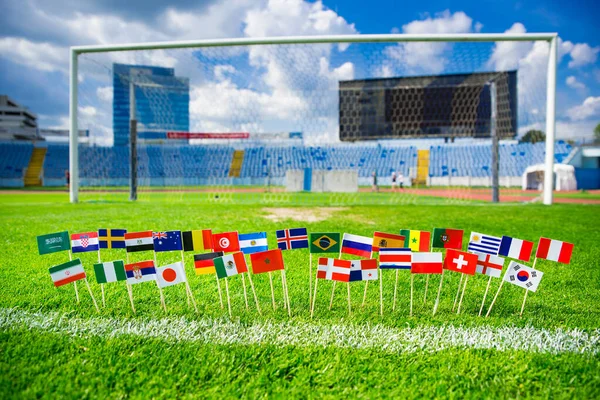 Fotbollsplan Världens Nationer Flaggor Blå Himmel Fotbollsnät Bakgrunden Sportfoto Redigera — Stockfoto