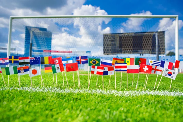 All Nations Flag Football Green Grass Football Net Blue Sky — Stock Photo, Image