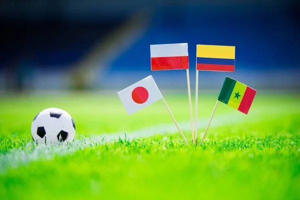 Πολωνία Σενεγάλη Κολομβία Ιαπωνία Εθνική Σημαία Και Μπάλα Ποδοσφαίρου Στο — Φωτογραφία Αρχείου