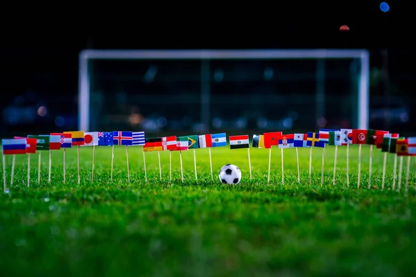 Fotboll Grönt Gräs Och Alla Nationella Flaggor — Stockfoto