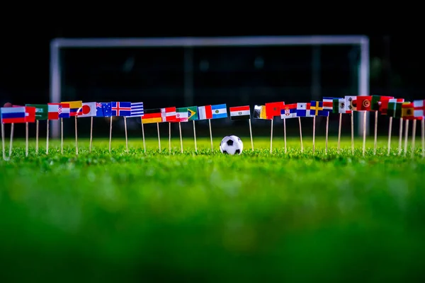Football Ball Green Grass All National Flags World Cup — Stock Photo, Image