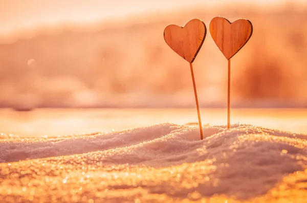 Two Wooden Hearts Orange Sunset Light — Stock Photo, Image