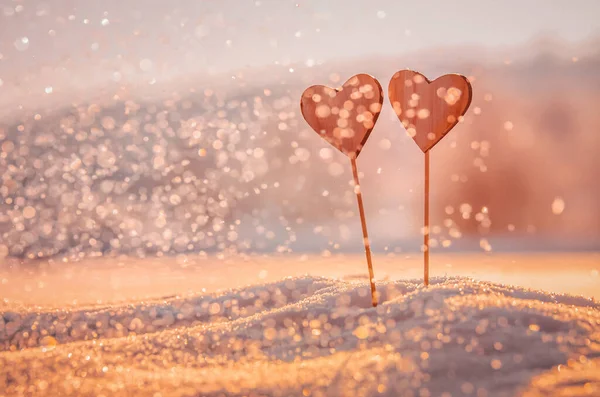 Καρδιές Ζεστό Χιόνι Του Χειμώνα Valentine Ρομαντική Ημερομηνία Γάμο Έννοια — Φωτογραφία Αρχείου