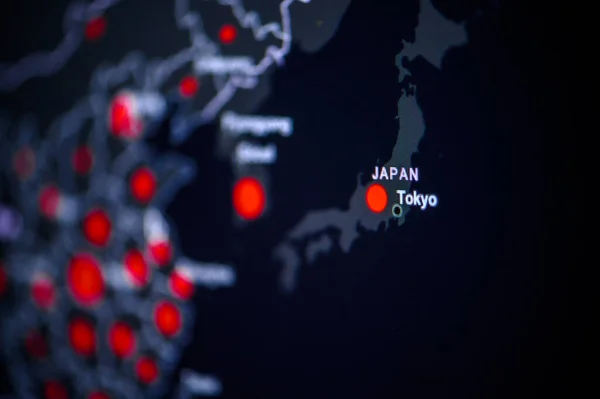 Japan Tokyo Coronavirus Covid Globala Fall Karta Red Dot Visar — Stockfoto