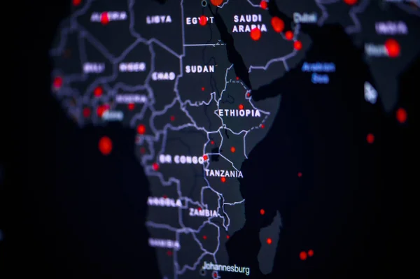 Afrika Coronavirus Covid Globala Fall Karta Red Dot Visar Antalet — Stockfoto