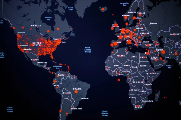Världskarta Coronavirus Covid Globala Fall Karta Red Dot Visar Antalet — Stockfoto