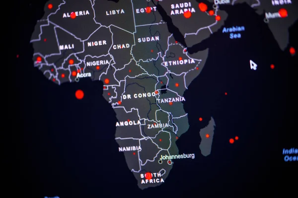 Afrika Kontinenten Coronavirus Covid Globala Fall Karta Red Dot Visar — Stockfoto