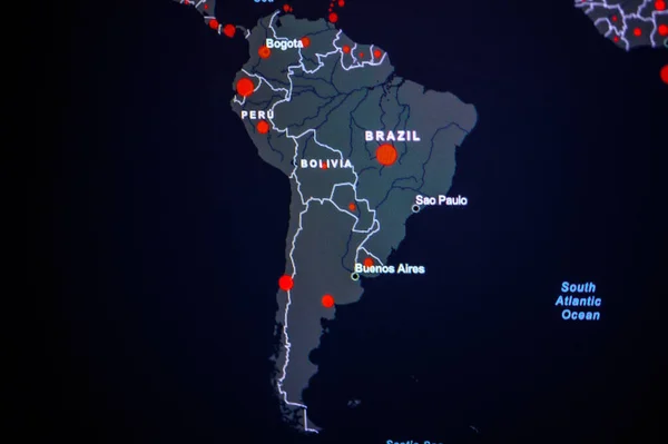 Sydamerikanska Kontinenten Coronavirus Covid Globala Fall Karta Red Dot Visar — Stockfoto