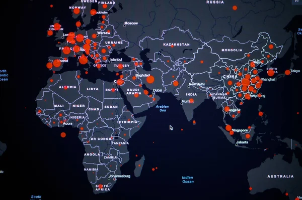 Europa Asien Och Afrika Coronavirus Covid Globala Fall Karta Red — Stockfoto