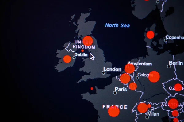 Västeuropa Storbritannien Frankrike Coronavirus Covid Globala Fall Karta Red Dot — Stockfoto