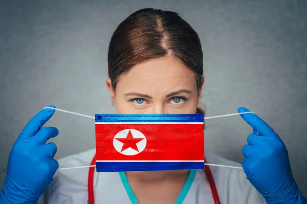 Coronavirus North Korea Female Doctor Portrait Hold Protect Face Surgical — Stock Photo, Image