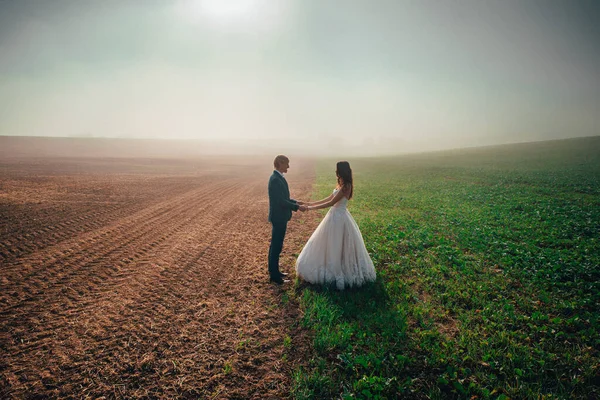 Bruiloft Bruid Bruidegom Prachtig Herfstochtendlandschap — Stockfoto