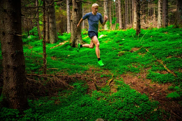Athletic Man Running Trail Green Forest — Stock Photo, Image