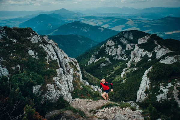 Μονοπάτι Τρέχει Βραχώδη Βουνά Αθλητής Στην Όμορφη Φύση Βράχια Και — Φωτογραφία Αρχείου