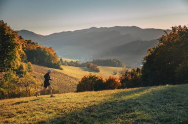 Sıcak turuncu gün ışığı altında atlet eğitimi. Güzel sonbahar doğasında koşmak