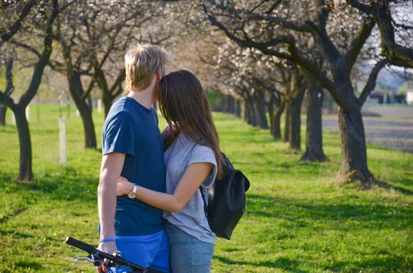 Man Vrouw Liefde Zoenen Elkaar Lente Bloesem Steeg Vol Kleurrijke — Stockfoto