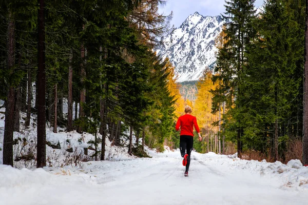冬季登山队员下的红跑运动员 — 图库照片