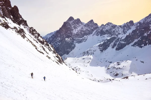 Dva Lyžaři Kráčející Lyžích Kopce Velkých Horách Pokrytých Sněhem Krásné — Stock fotografie