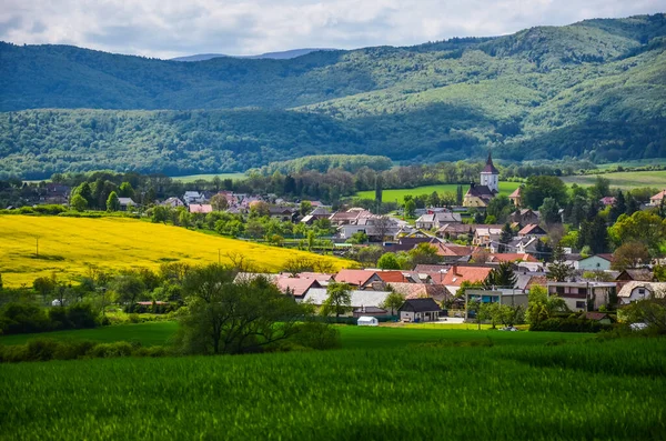 村の上の農業春のコルザと小麦畑 教会と家のある農村風景 カラフルな写真 — ストック写真