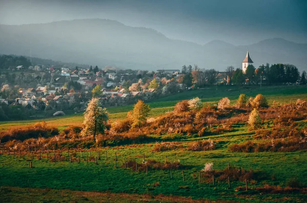 Jaro Nad Obcí Kostel Domy Venkovské Scenérie Příroda Květinami Stromech — Stock fotografie