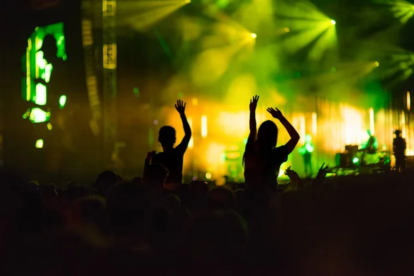 Hands silhouette in the air in summer music festival - colorful background