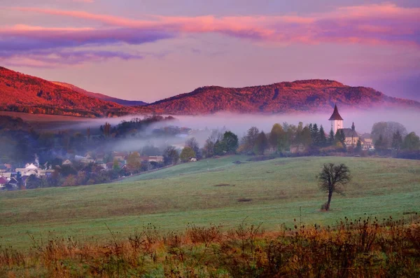 Church Hiding Early Morning Fog Valley Misty Wallpaper Sunrise Countryside — Stock Photo, Image