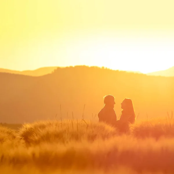 Casal Apaixonado Divertir Juntos Campo Centeio Ouro Luz Pôr Sol — Fotografia de Stock