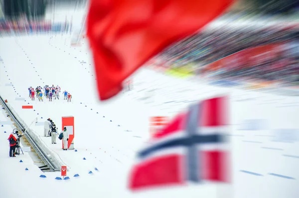 Grupo Aficionados Noruega Suecia Observando Competición Profesional Esquí Nórdico Copa — Foto de Stock